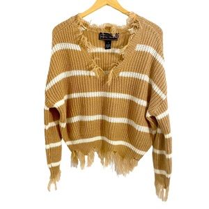 Polly & Esther Beige & White Stripes Destructed Chunky Knit Cropped Sweater, S